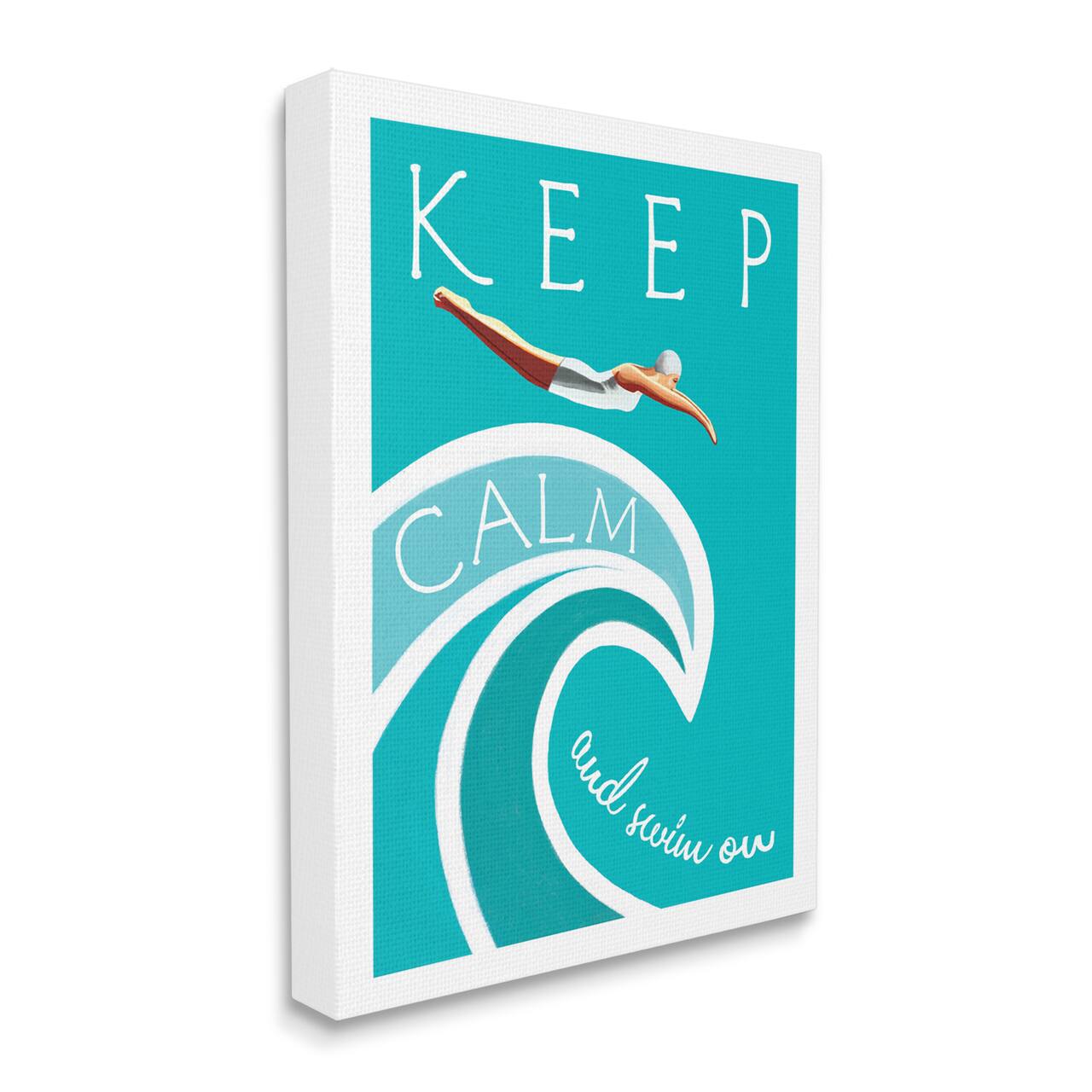 Stupell Industries Keep Calm Swim On Phrase Female Diver Blue Wave Canvas Wall Art